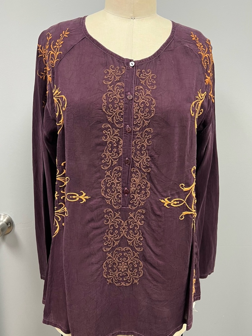 Johnny Was Plum Tunic with Gold Embroidery